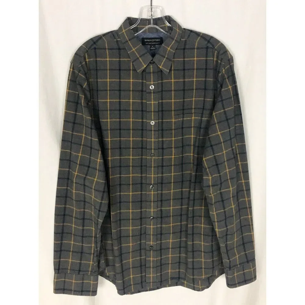 Banana Republic Soft Wash Tailored Slim Fit Shirt Size L Mens‎ Gray Plaid Cotton